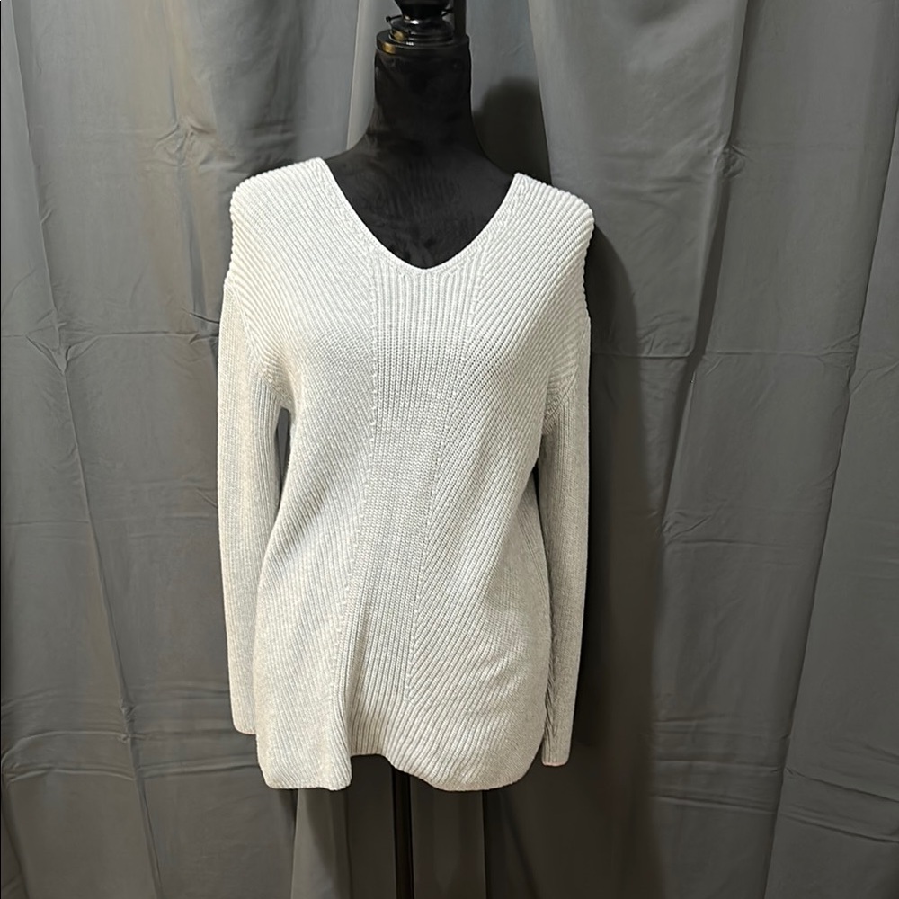 Lands' End White V-Neck Sweater with Textured Knit